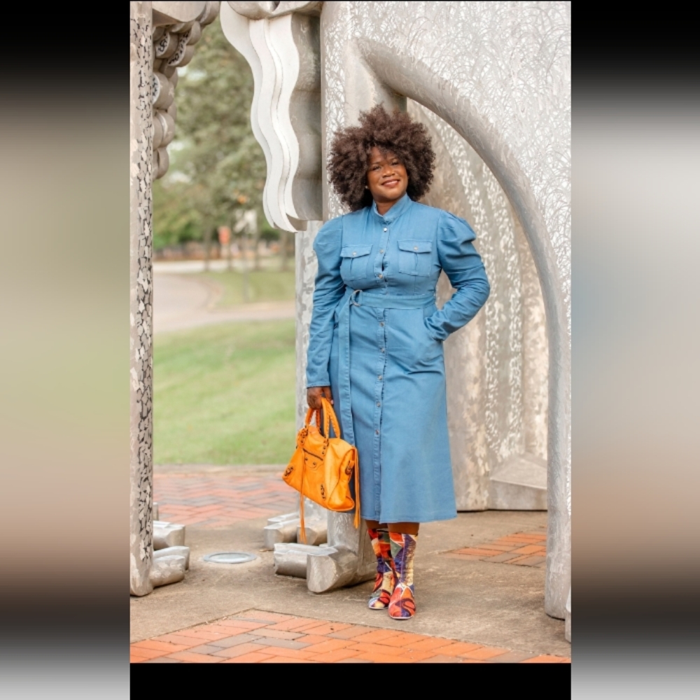 Denim puff sleeve dress button front
